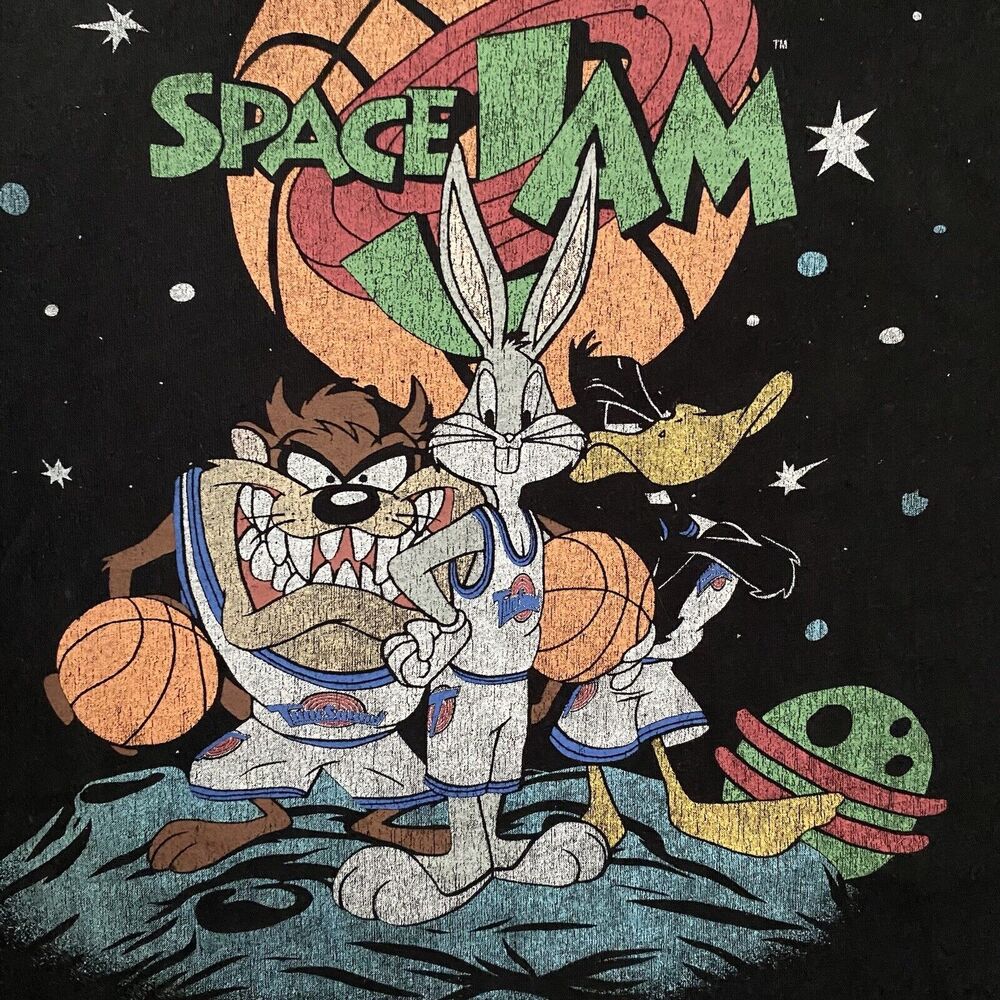 Space Jam T-Shirt Adult‎ Large Black Front Graphic Bugs Taz Daffy Y2K Cartoon - Picture 4 of 9